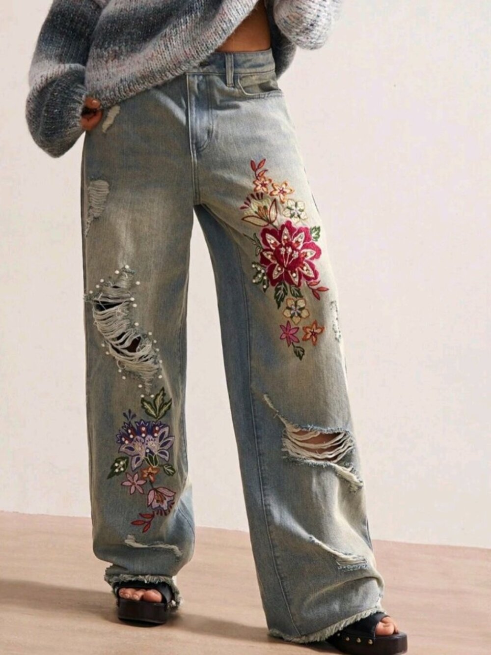 Countryside Vacation Style Casual Woven Embroidered Beaded Loose Women Jeans - Picture 7 of 9